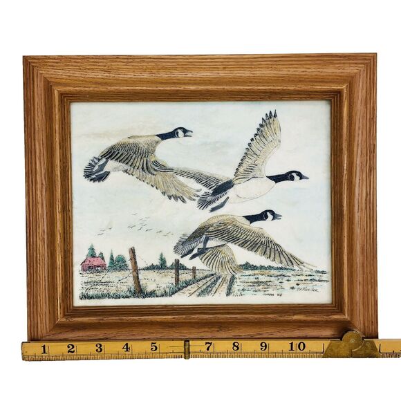 Vintage Canadian Geese In Flight Farm Scene Marble Etching Framed Signed - Picture 4 of 6